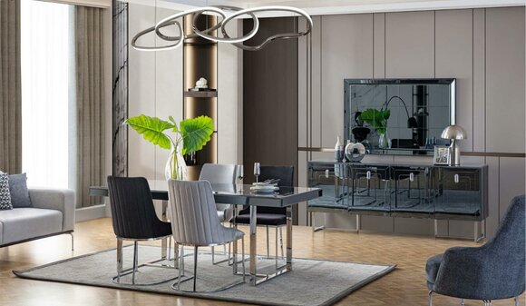 Modern Dining Room Furniture Wooden Dining Table 4x Textile Chairs Sideboard Mirror