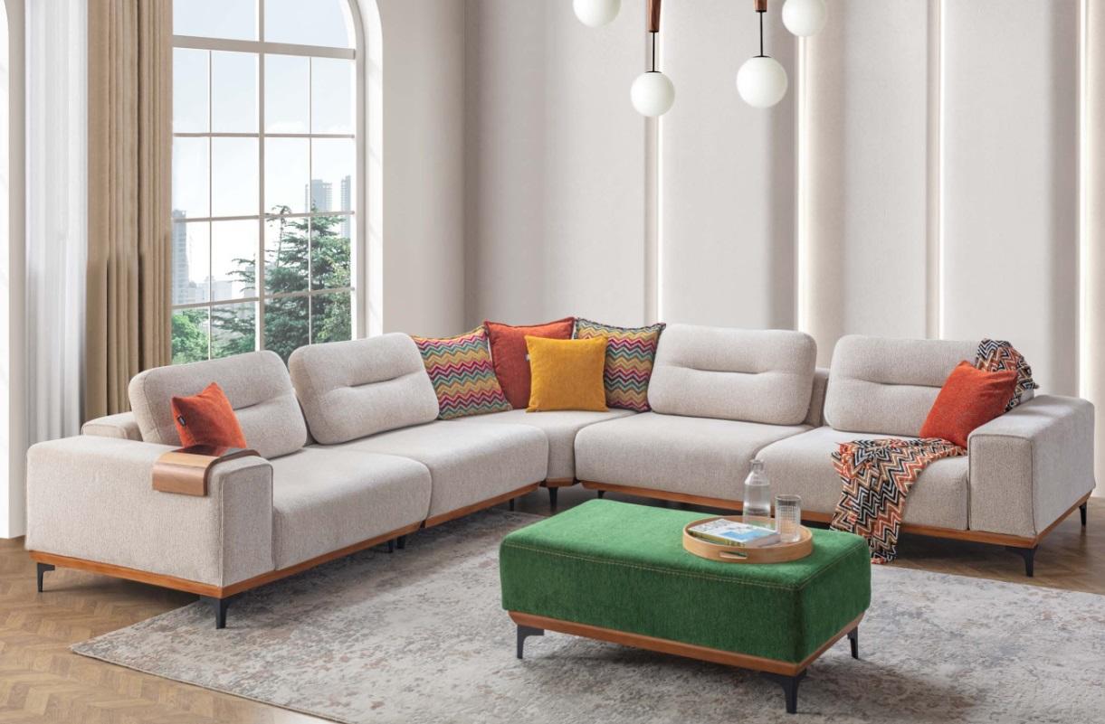 Designer Living Room Set Consists of 2-piece L-shaped Corner Sofa and Stool