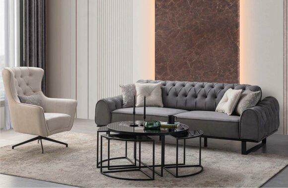 Grey Chesterfield Three Seater Luxurious Upholstery White Armchair 2pc Set