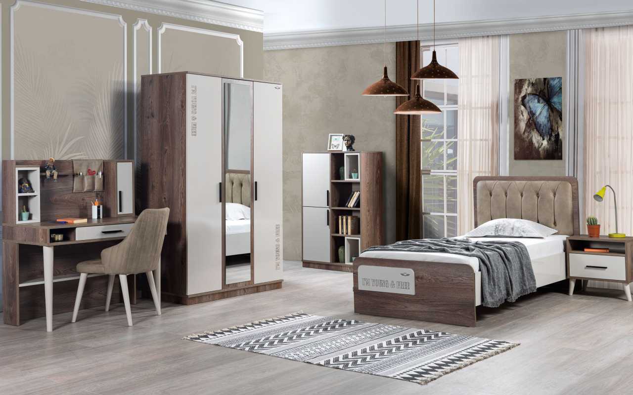 Complete youth room set bed bookshelf bedside table wooden furniture 5 pcs