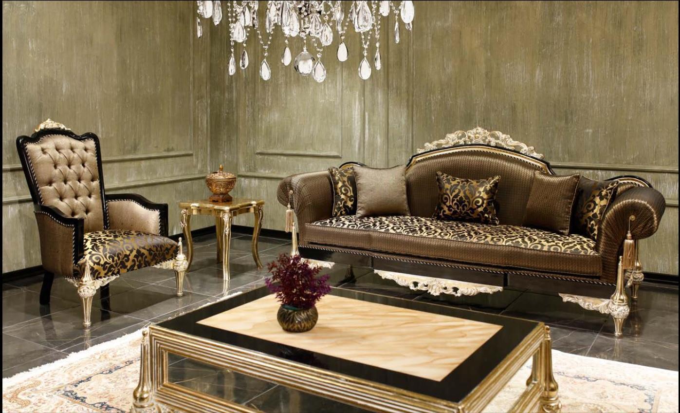 Brown Chesterfield living room sofas 3-seater textile armchair coffee table