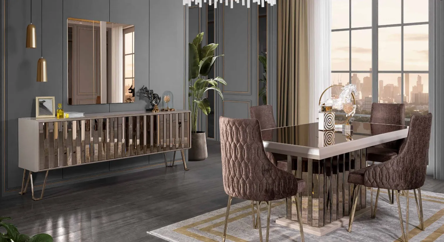 Designer brown dining room dining set dining table 4x chairs 7pcs