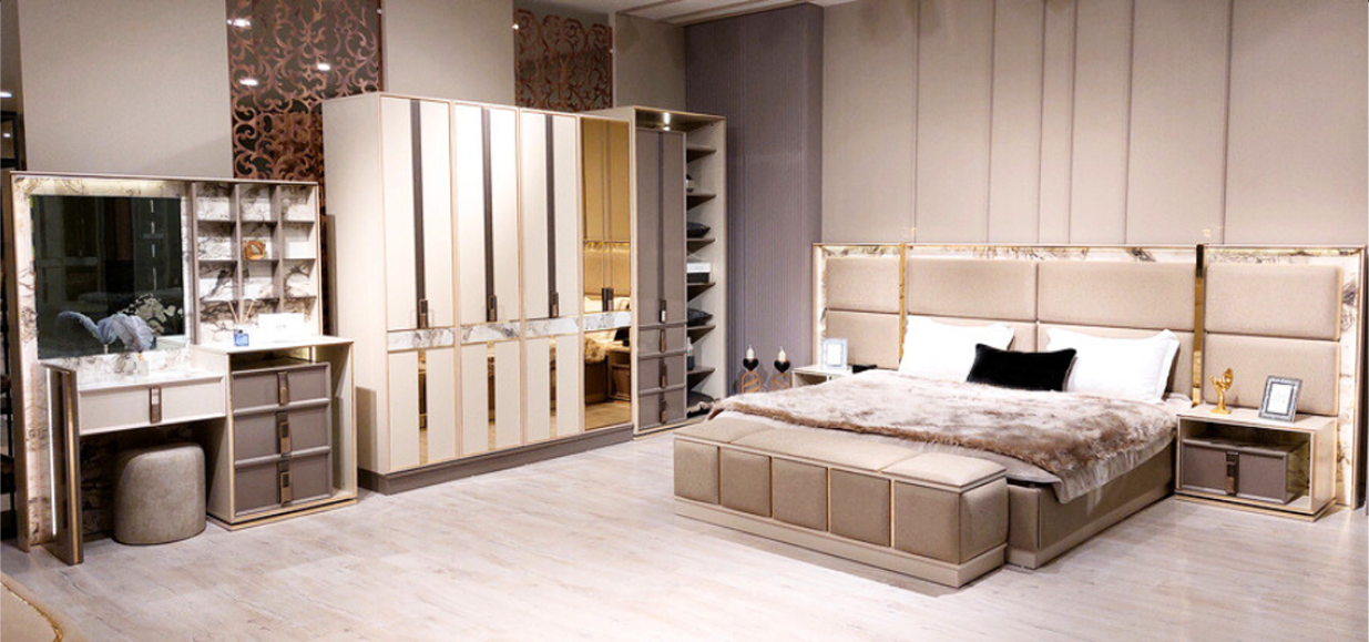 Bedroom set 6 pcs luxury bed 2x bedside tables modern wardrobe dressing table