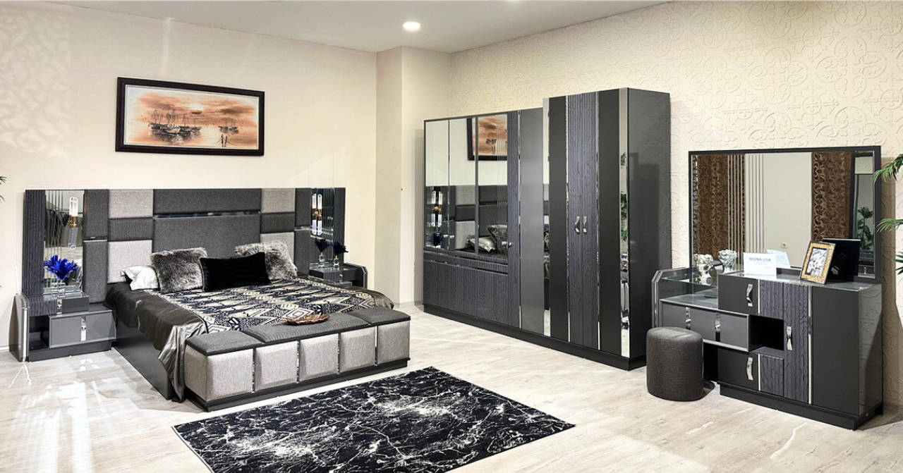 Luxury grey complete bedroom double bed 2x bedside tables wardrobe