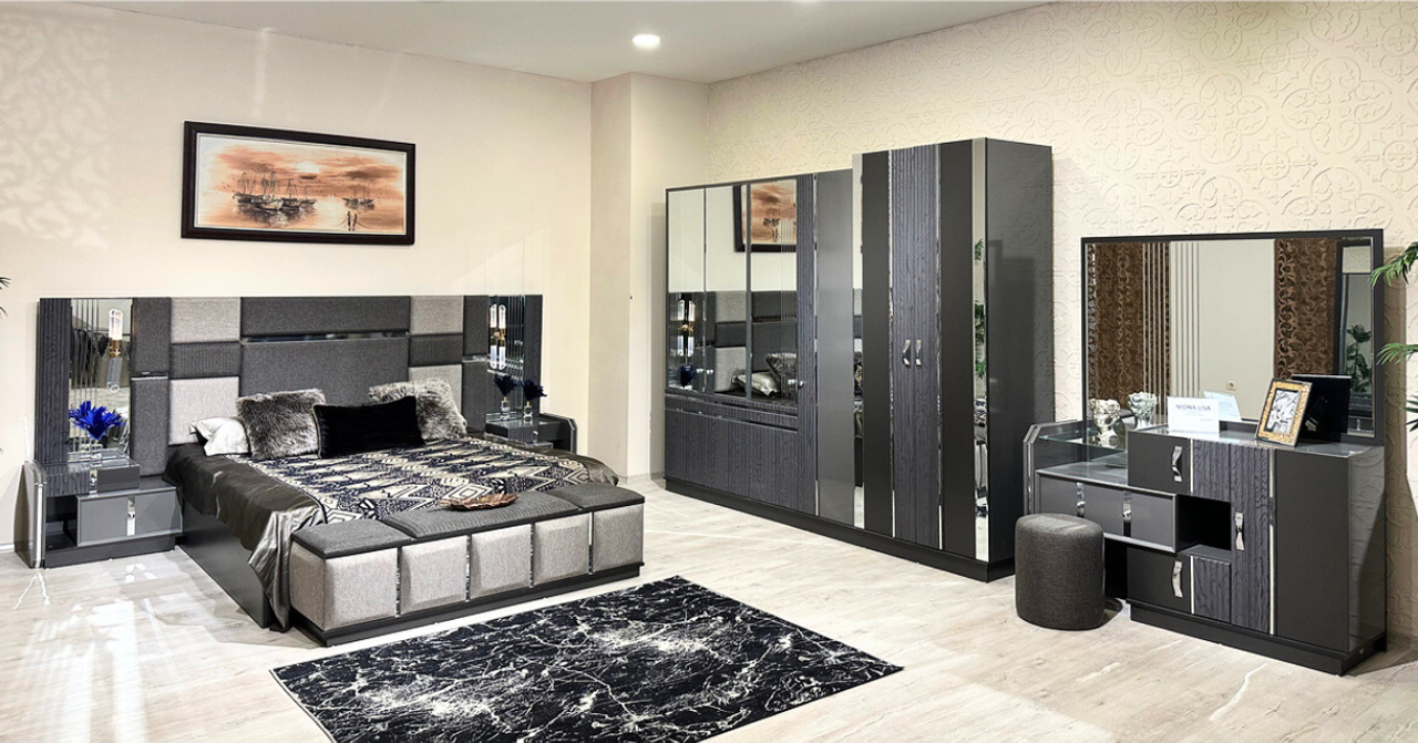 Luxury grey complete bedroom double bed 2x bedside tables wardrobe
