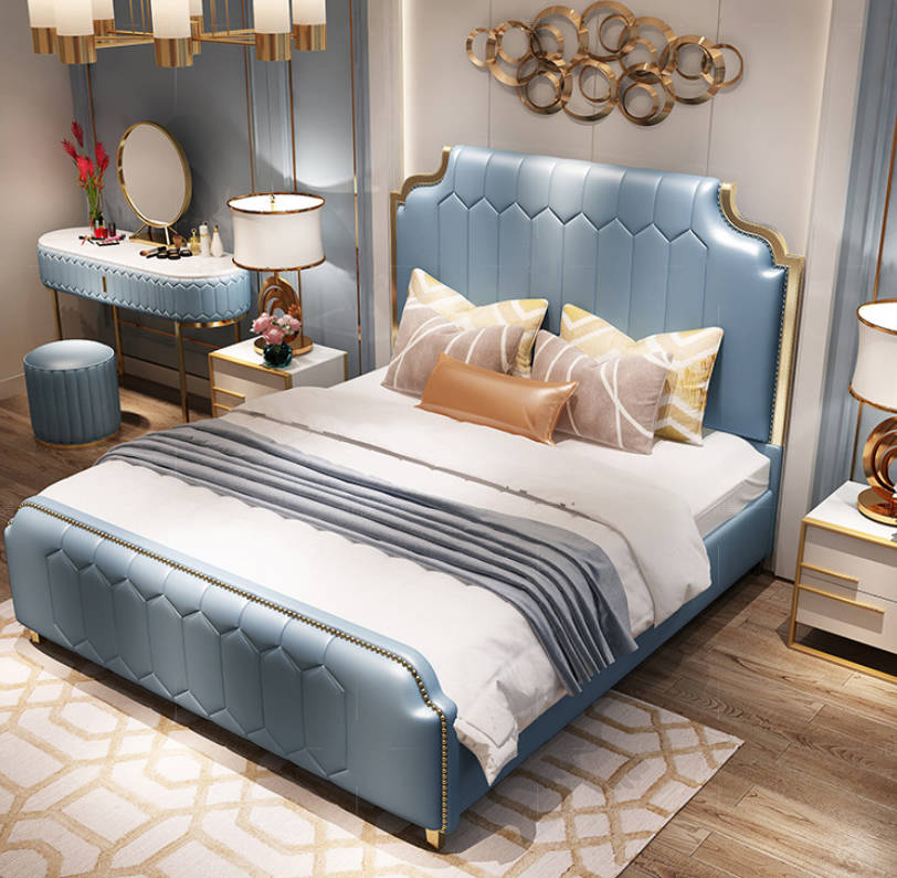 Modern bed double bed beds wood blue style wood bedroom new