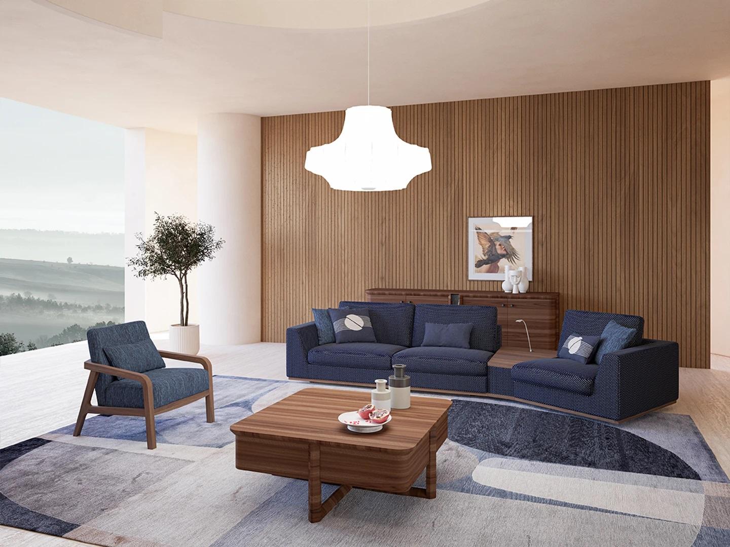 Blue Sofa Set Three Seater Sofas Living Room Armchairs Modern Design Textile
