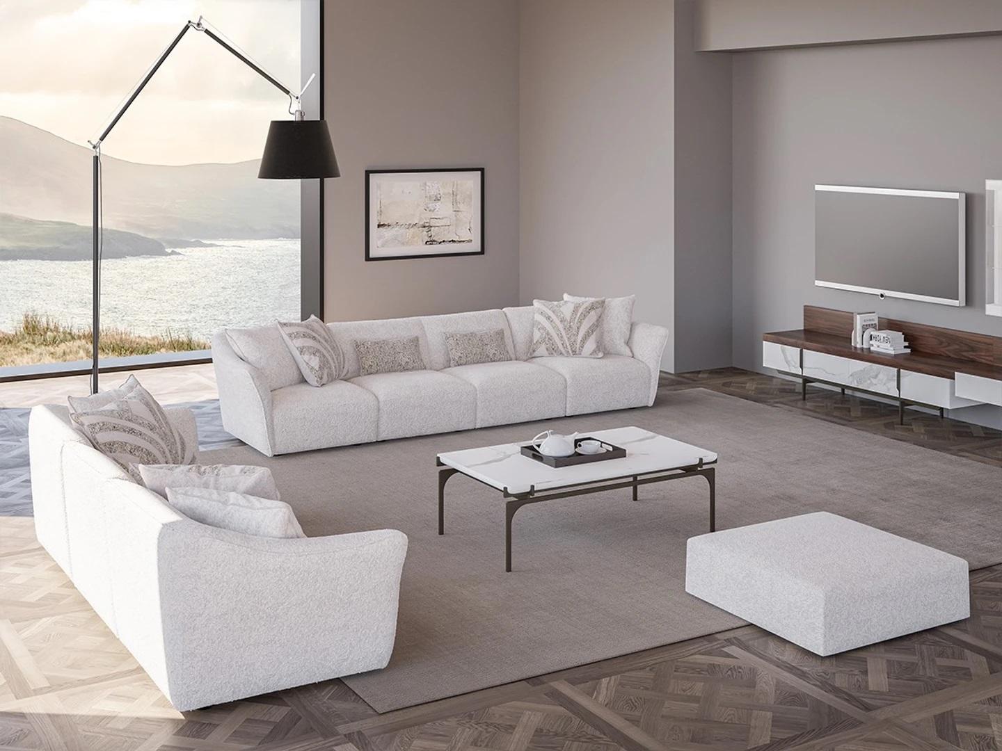 Luxury White 2x Sofa Four Seater Living Room Coffee Table Modern Textile Furnishings