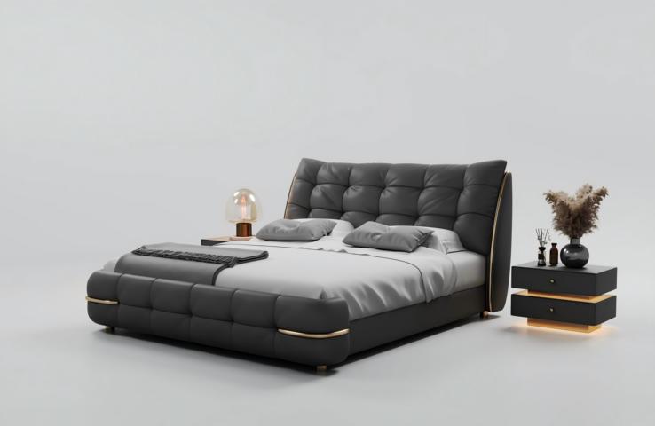 Luxury Bed Black Modern Upholstered Bed Comfort Sleeping Elegant Design Bed
