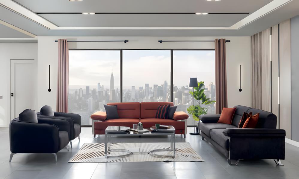 Sofa Set 3+3+1+1 Seater Modern Black Terracotta Fabric Chrome Legs Design