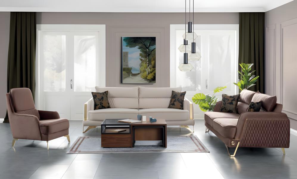 Sofa Set 3+3+1 Seater Cream Brown Gold Legs Luxury Fabric Living Room Design