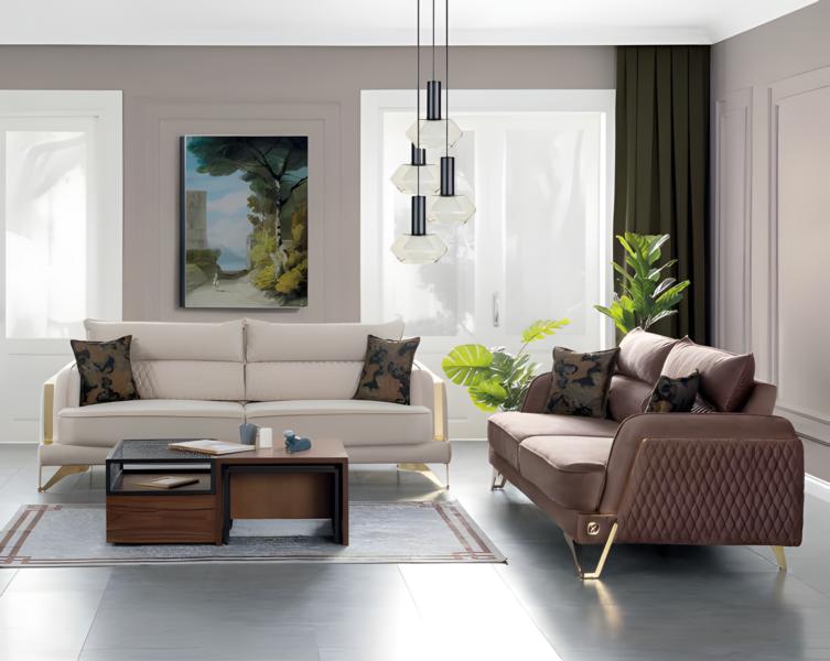 Sofa Set 3+3 Seater Cream Brown Fabric Cover Gold Legs Modern Luxury Design