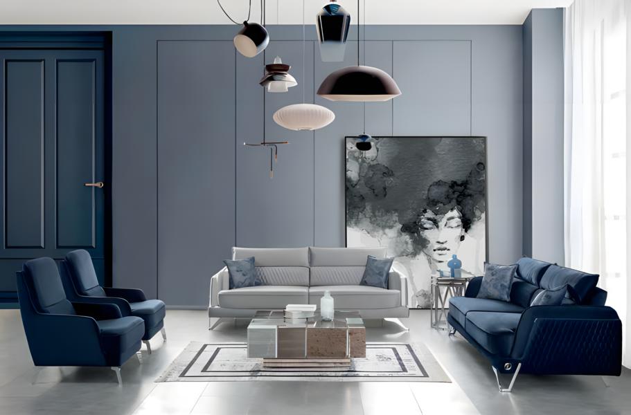 Sofa Set 3+3+1+1 Seater Blue White Fabric Cover Chrome Legs Modern Luxury Design