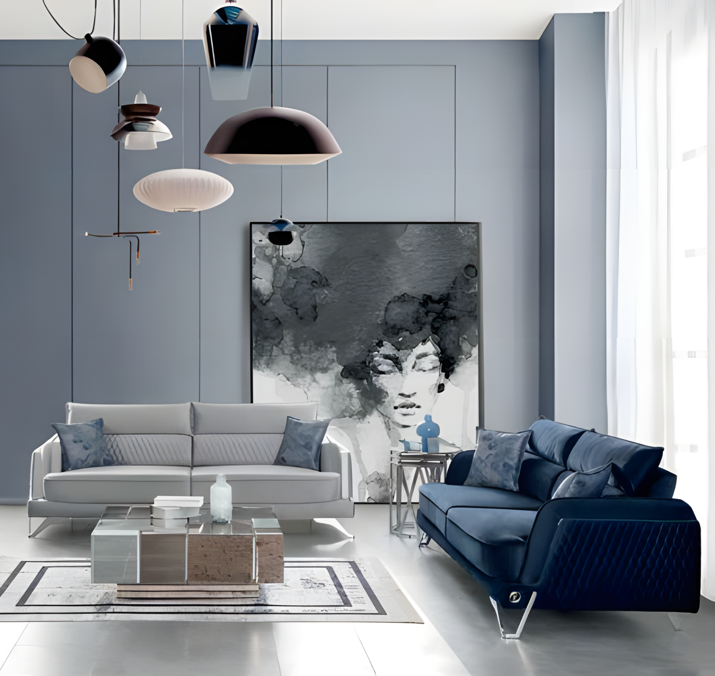 Sofa Set 3+3 Seater White Blue Fabric Cover Chrome Legs Modern Elegant Design