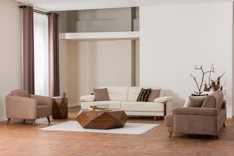 Sofa Set 3+3+1 Seater Beige Brown Fabric Cover Wooden Legs Scandinavian Modern Style