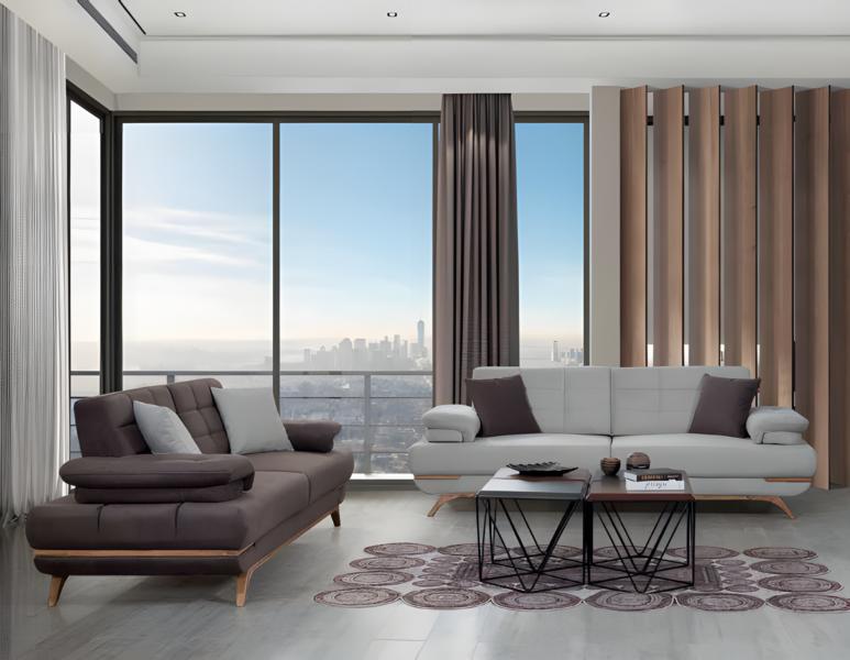 Elegant Sofa Set 3+3 Grey White Upholstery Couch Living Room Modern Wooden Legs