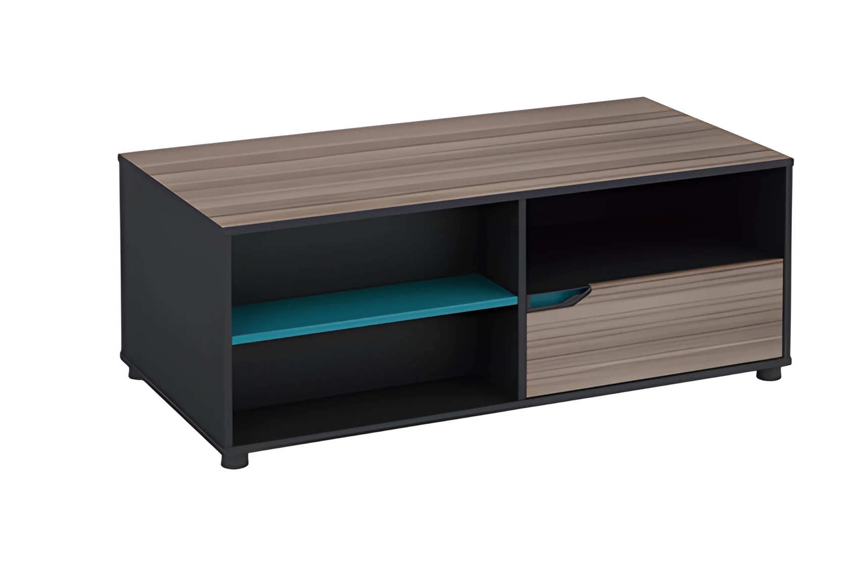 Coffee table modern wood look brown black with shelf and drawer living room