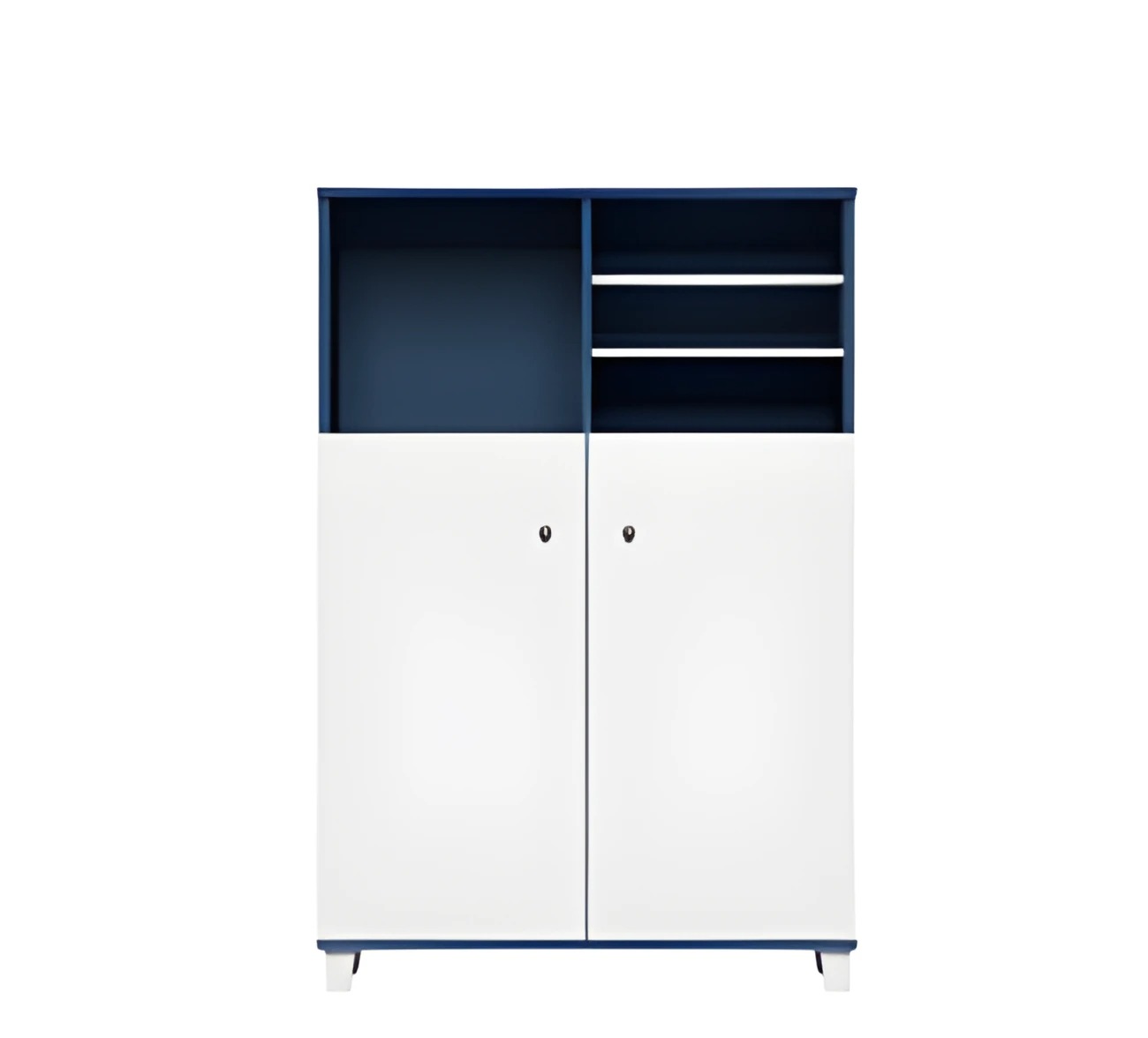 Modern office cabinet in blue and white with shelves and lockable doors