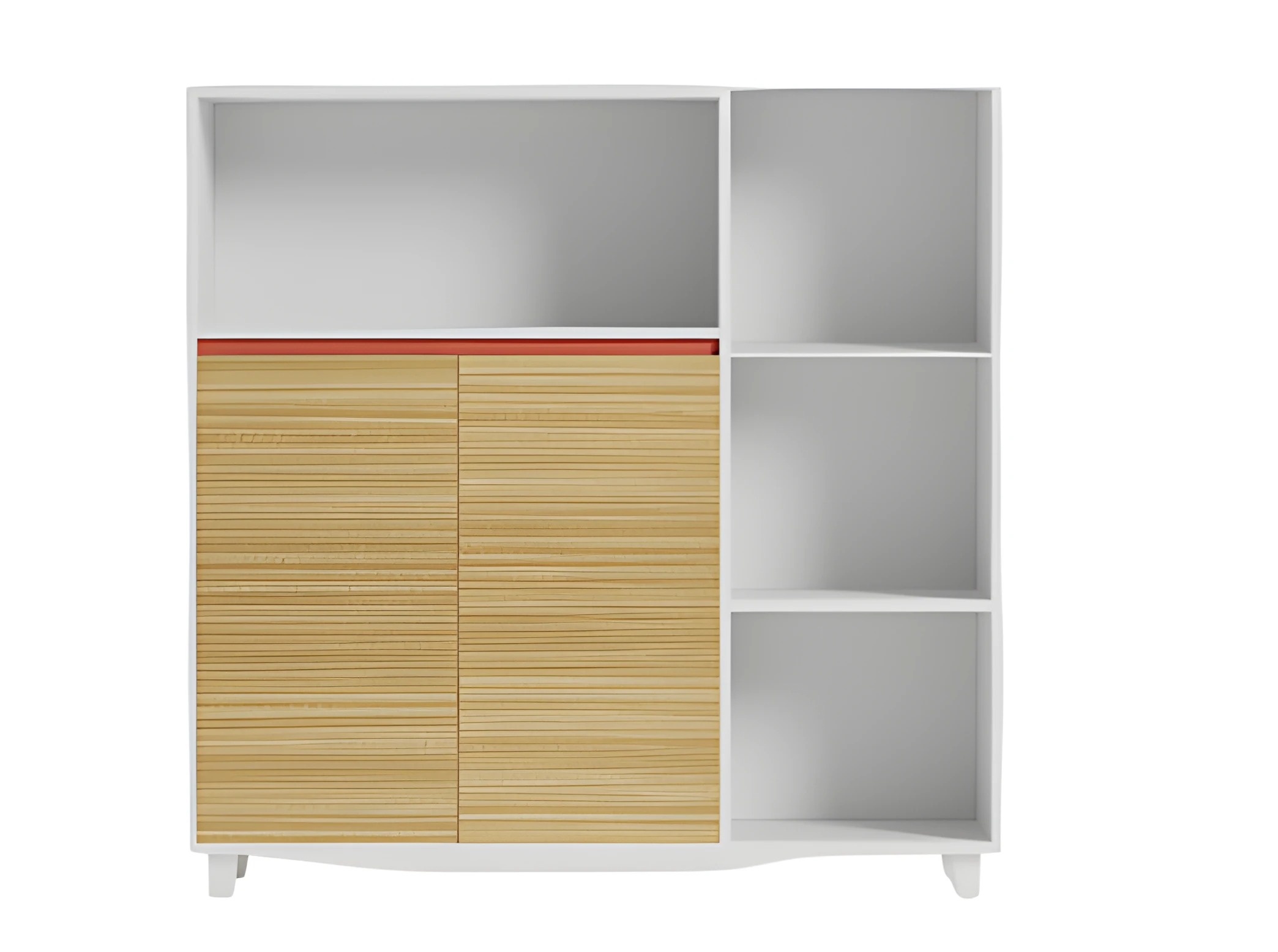 Office cabinet with wooden shelves and red accent stylish storage solution