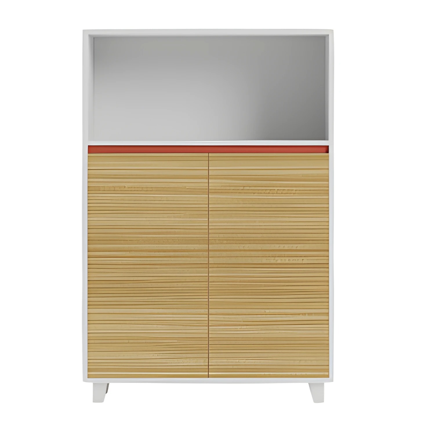 Modern office cabinet with wooden shelves and red accent for elegant design