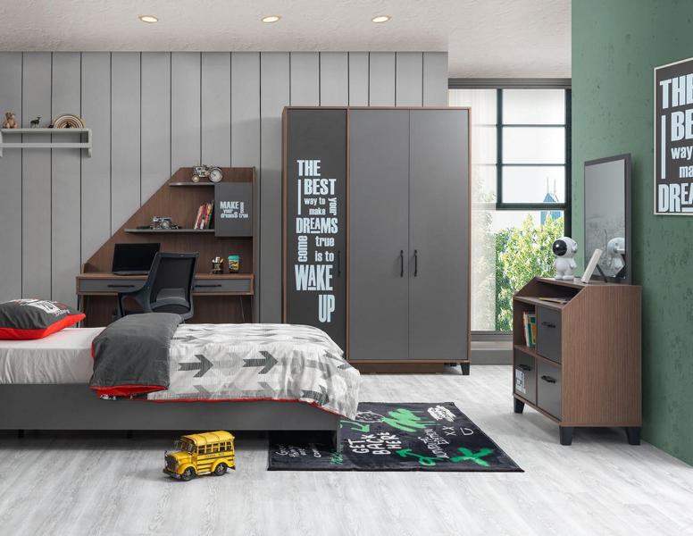 Modern 3-piece wooden furniture set in gray for the bedroom.