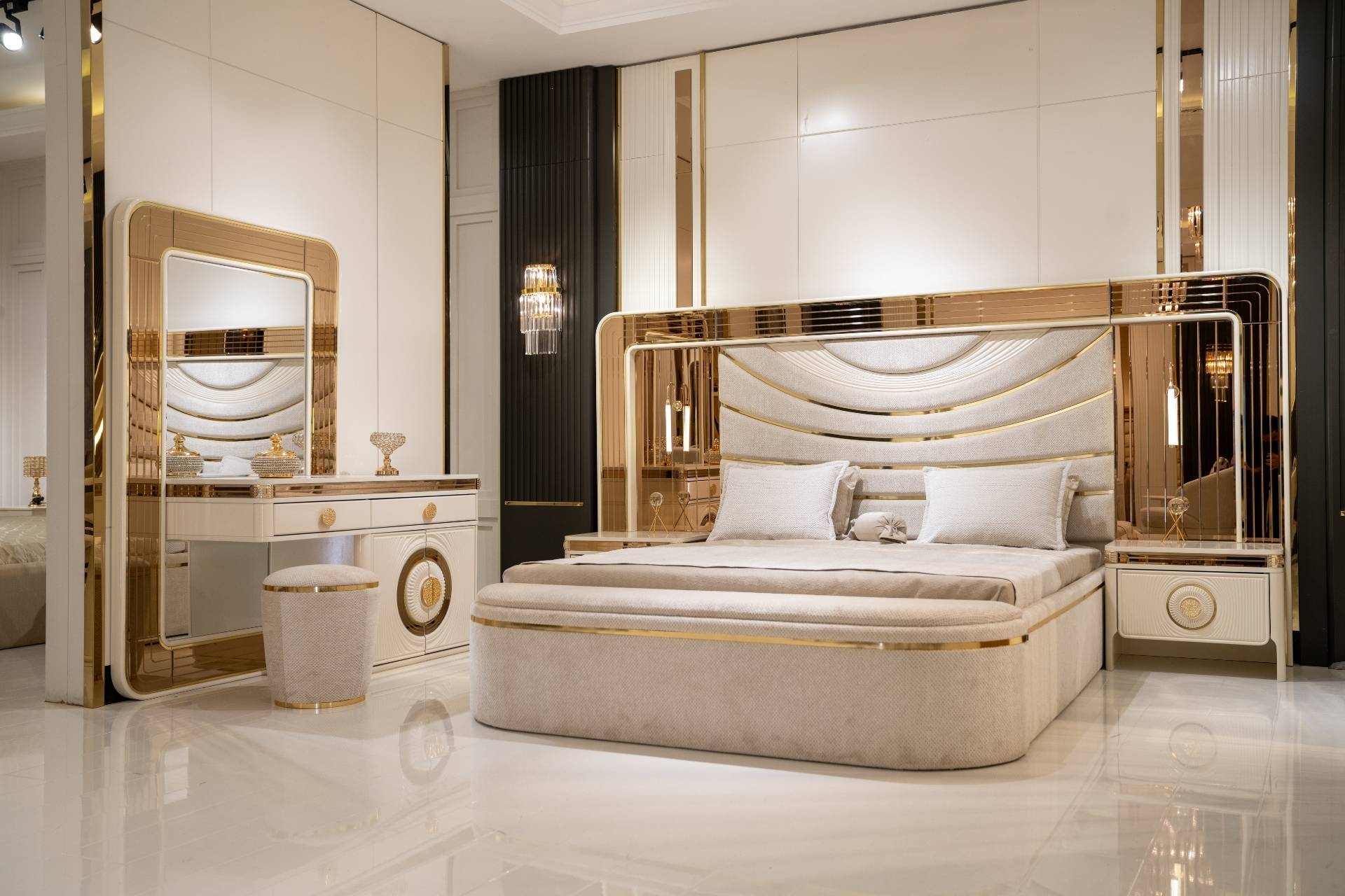 Elegant wooden bedroom set in white with nightstands.