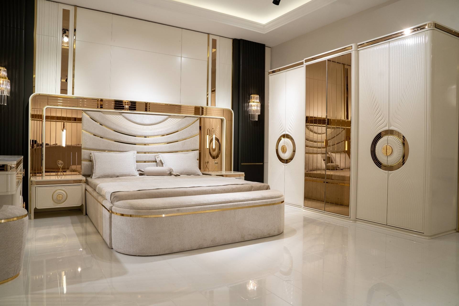 Sleeping bag set in beige with wood and textile for a modern bedroom.