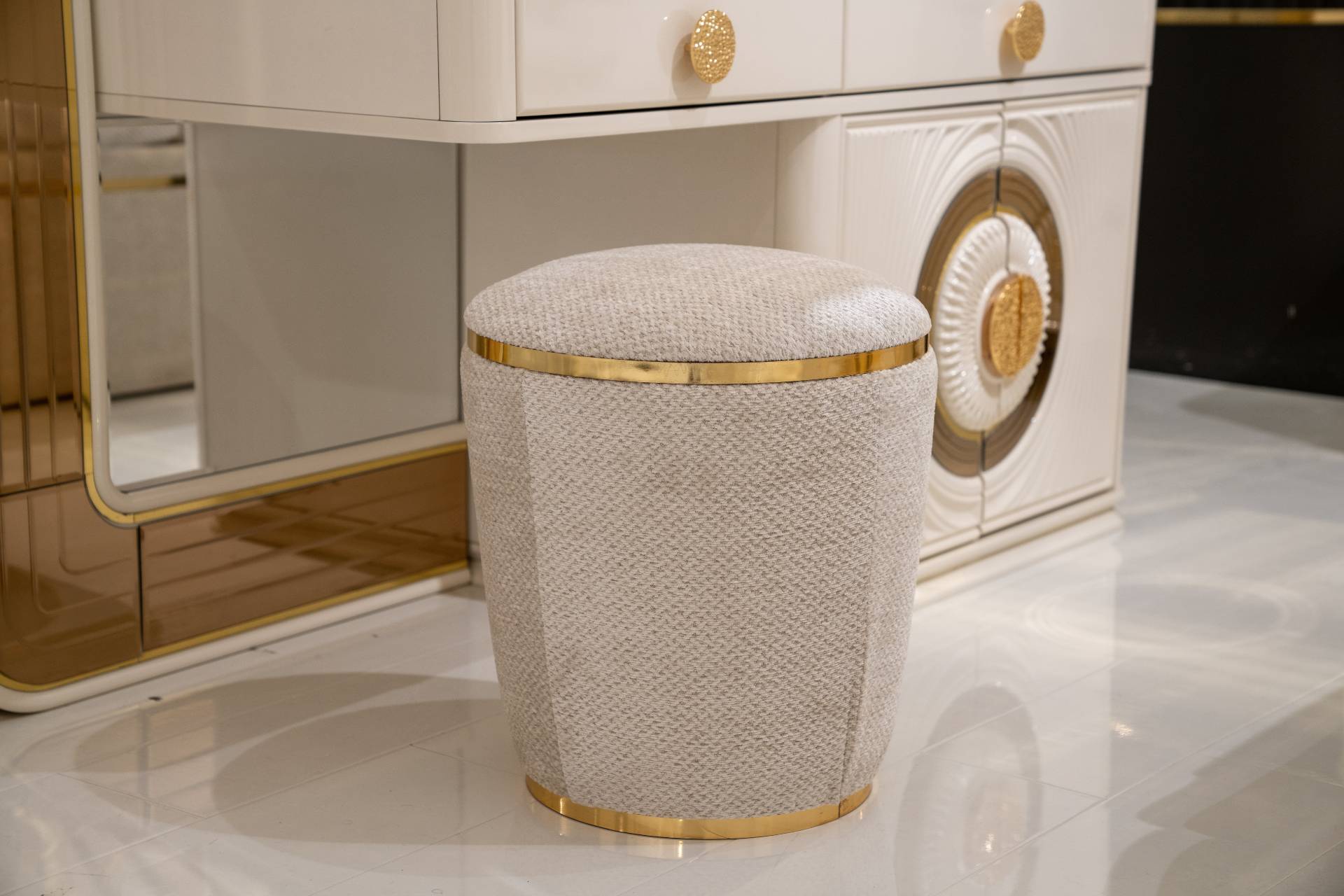 Beige wooden pouf, modern, decorative, versatile seating stool.