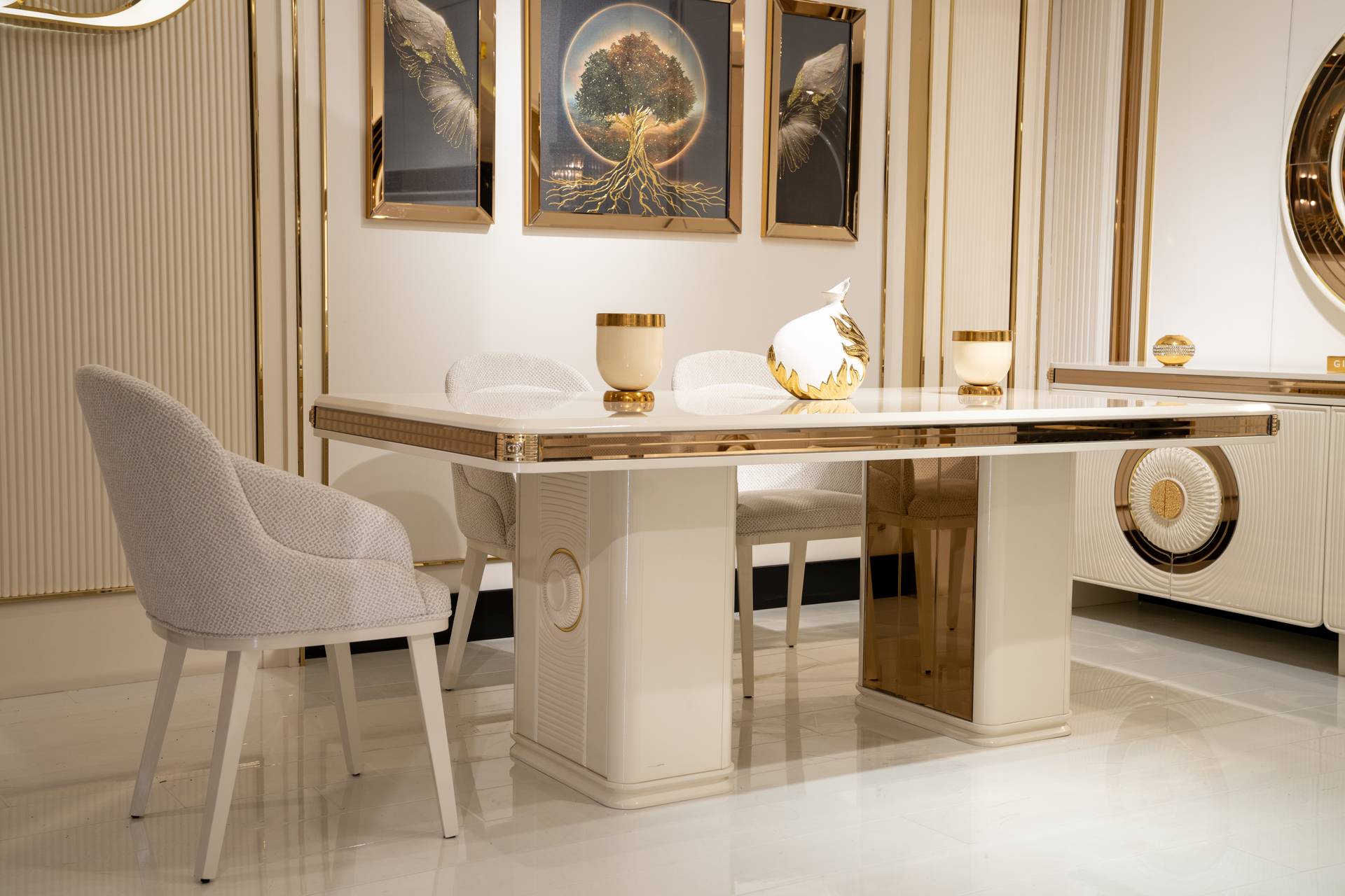 Modern wooden dining table with beige chairs, elegant dining room set.