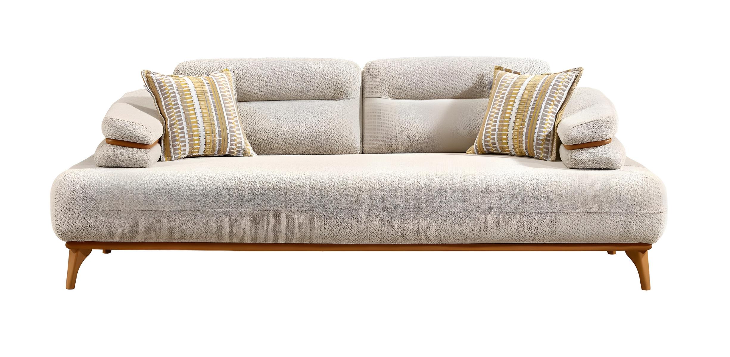 Elegant white fabric sofa made of wood for a modern living room.
