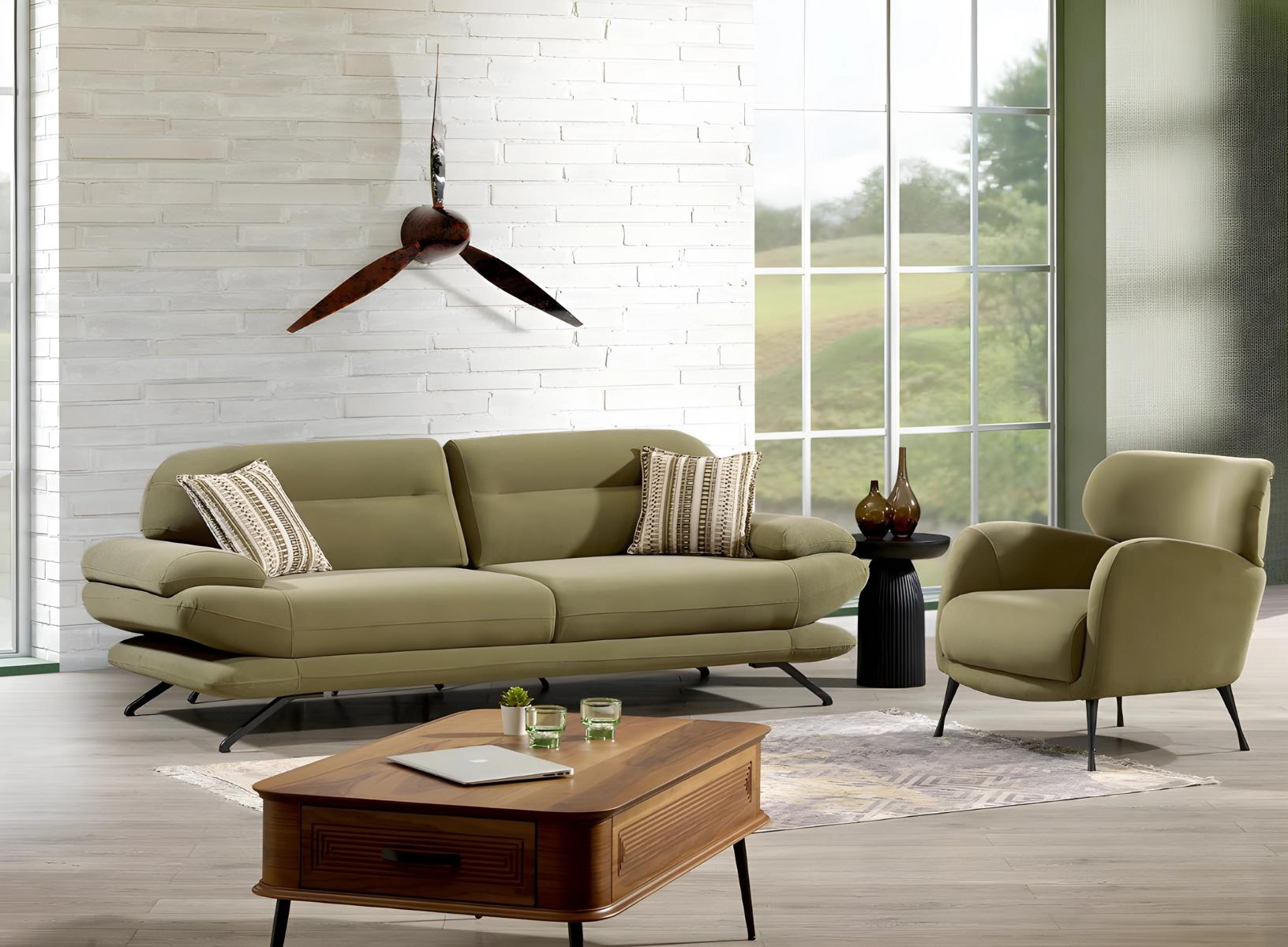 Modern green fabric sofa set 3+1 seating group with wooden frame.