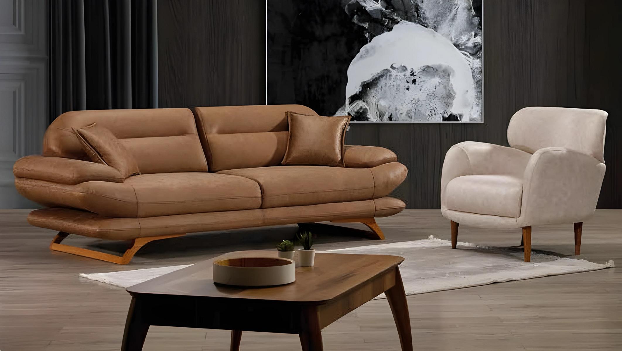 Modern brown faux leather living room set 3+1 sofa and armchair.