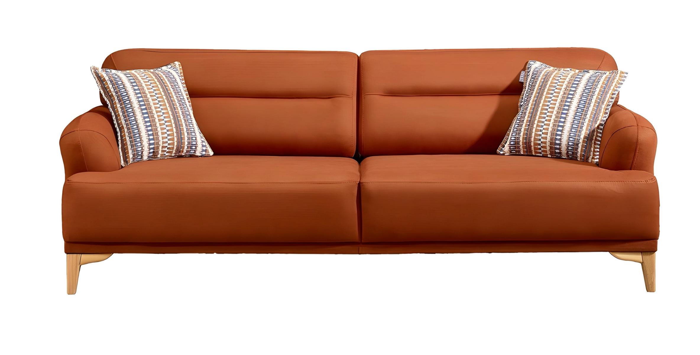 Elegant orange 3-seater sofa made of fabric with a wooden frame.