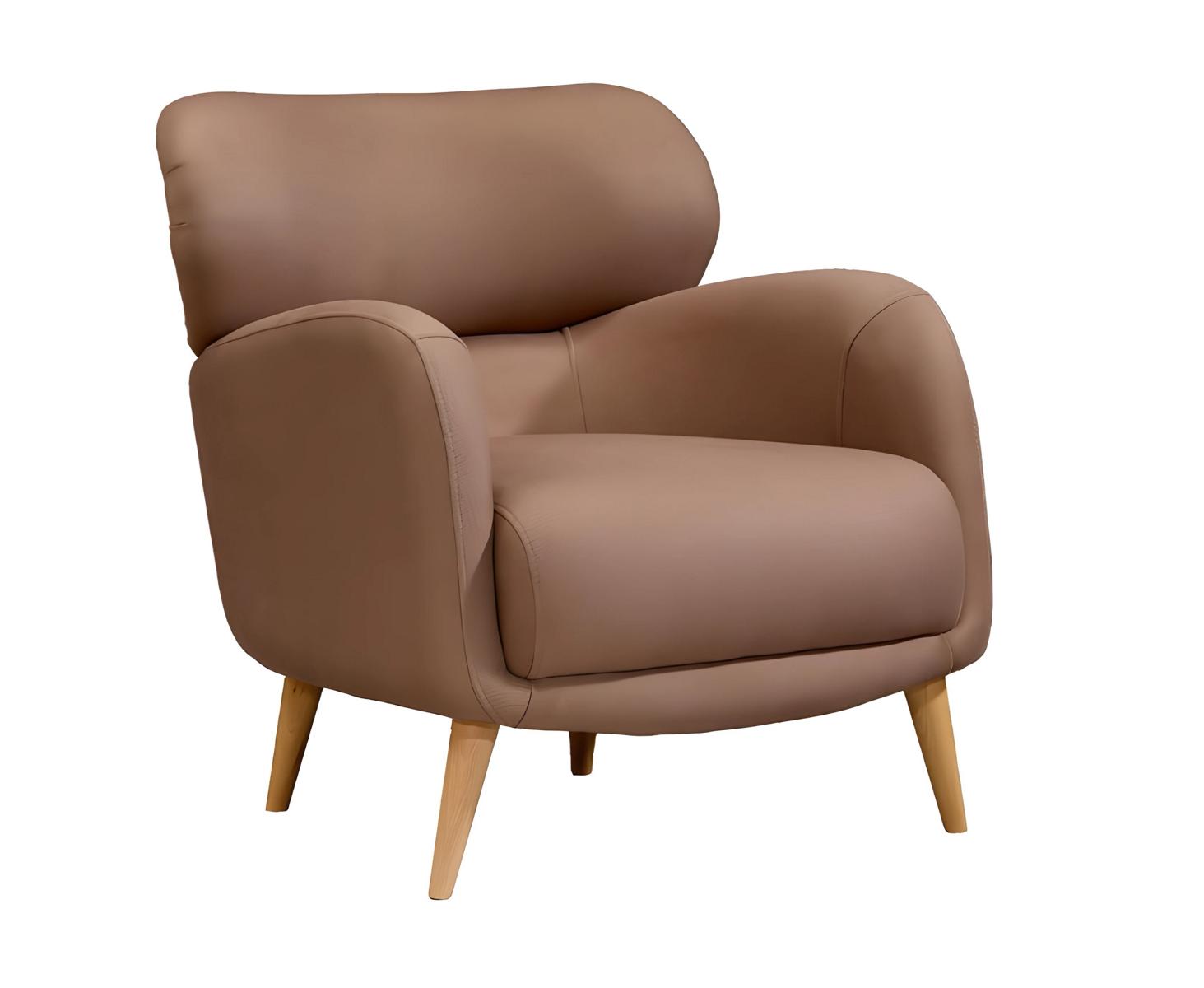 Modern brown upholstered armchair made of wood for a stylish living room.