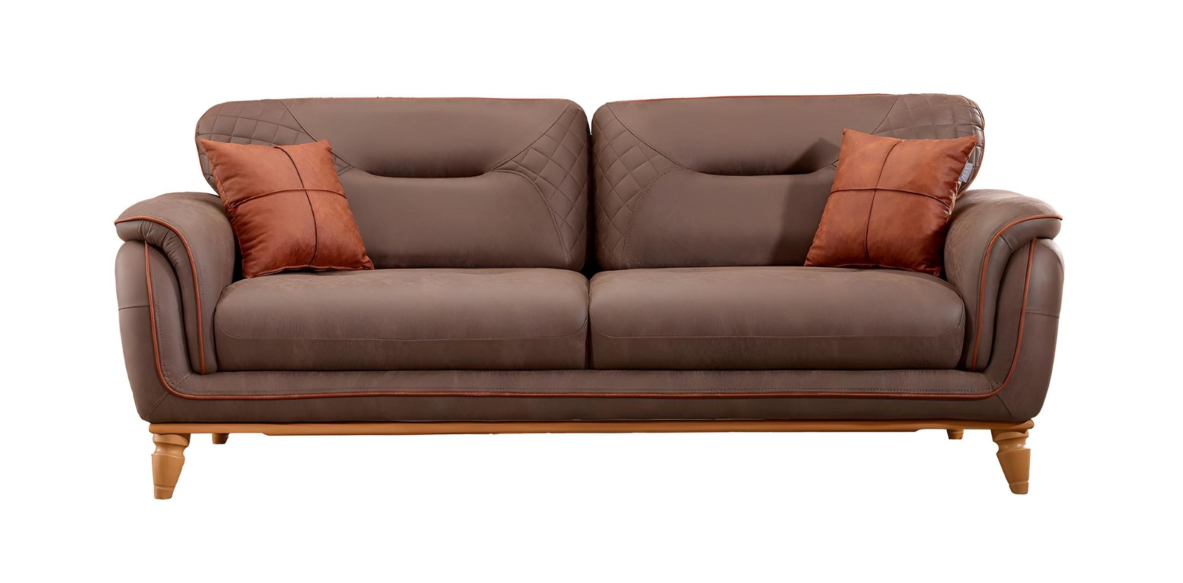 Modern brown fabric sofa with wooden frame for living room.