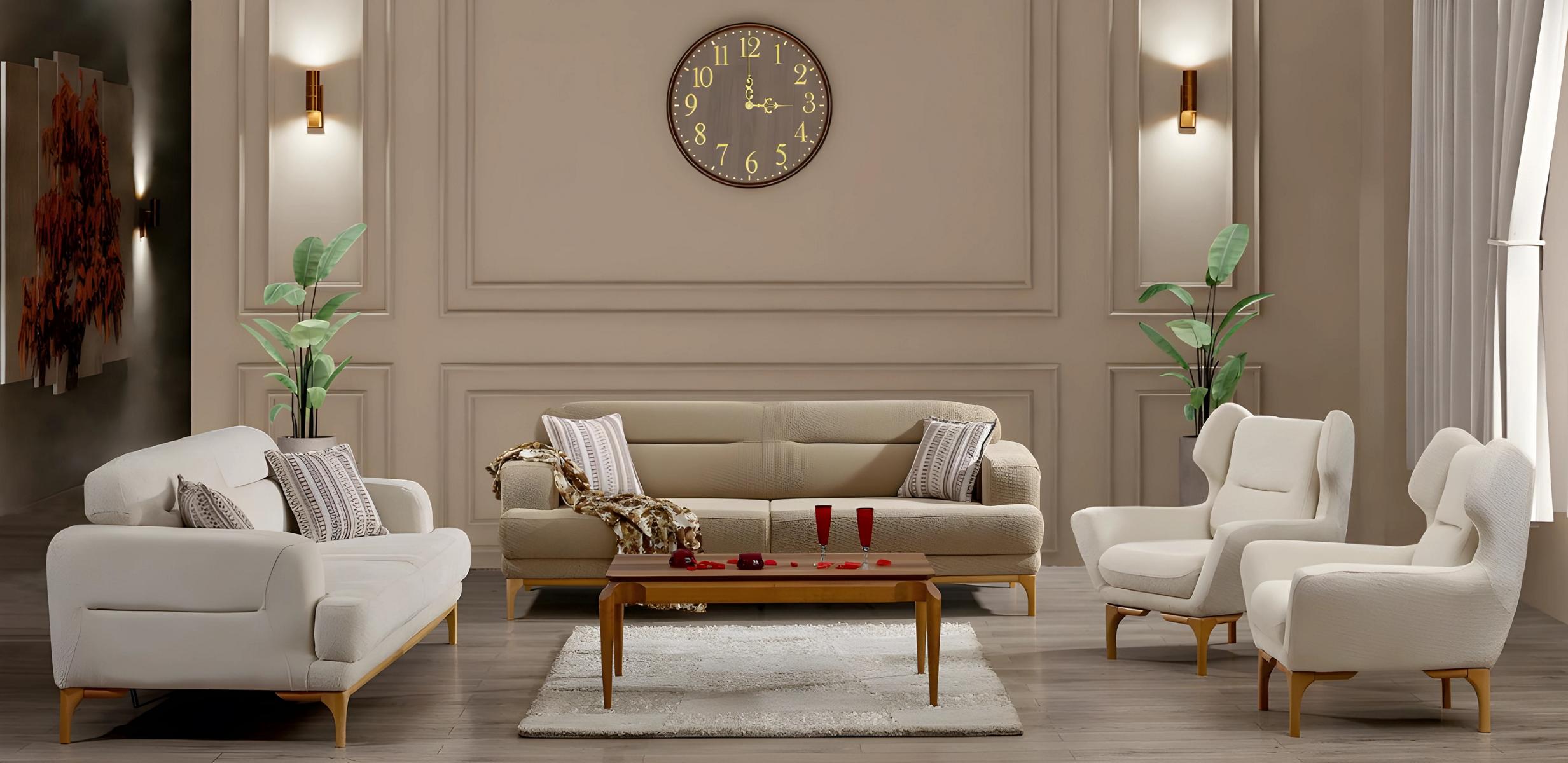 Elegant white fabric sofa set with wooden frame for modern living room.