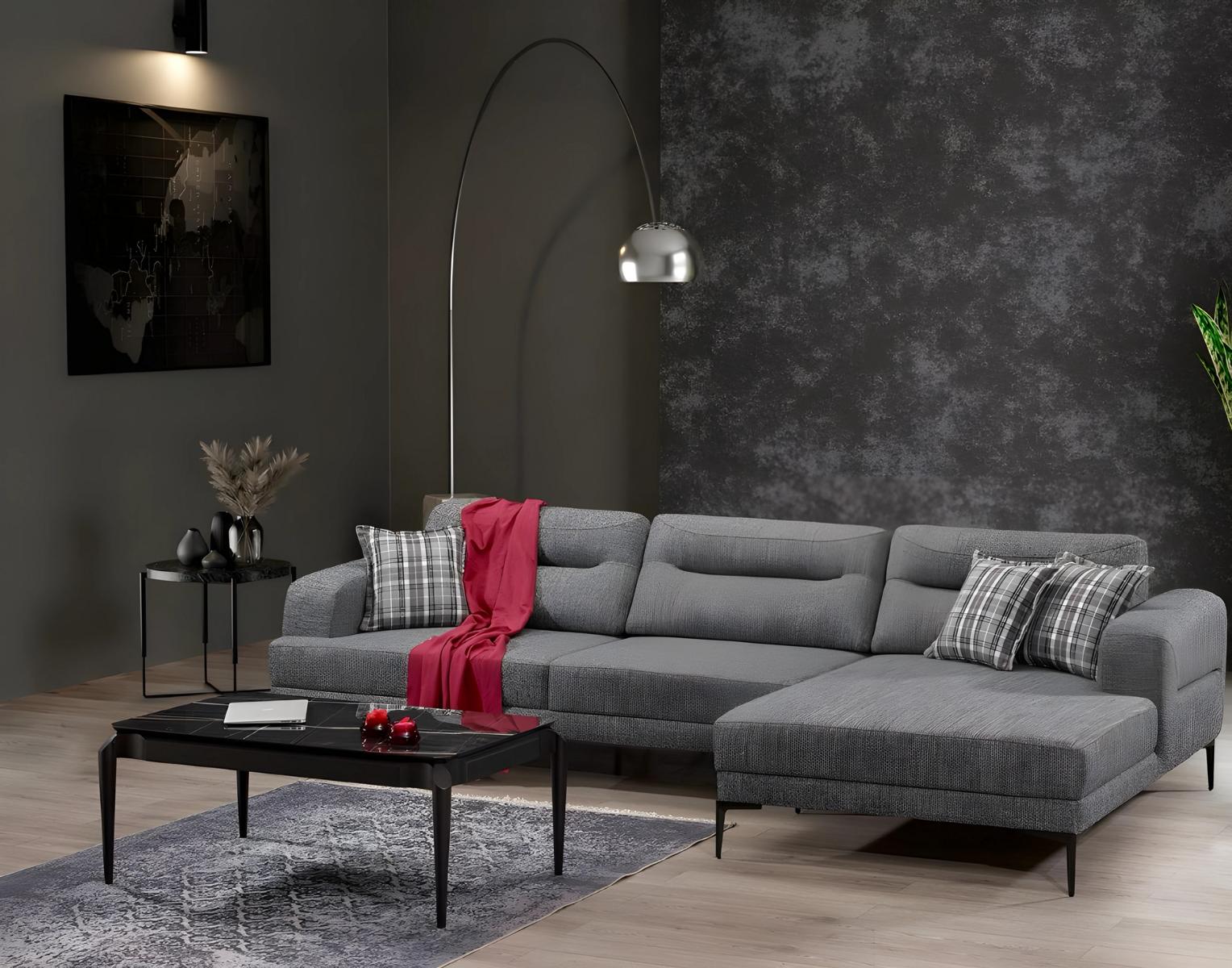 Elegant gray fabric corner sofa in L-shape, modern and comfortable.