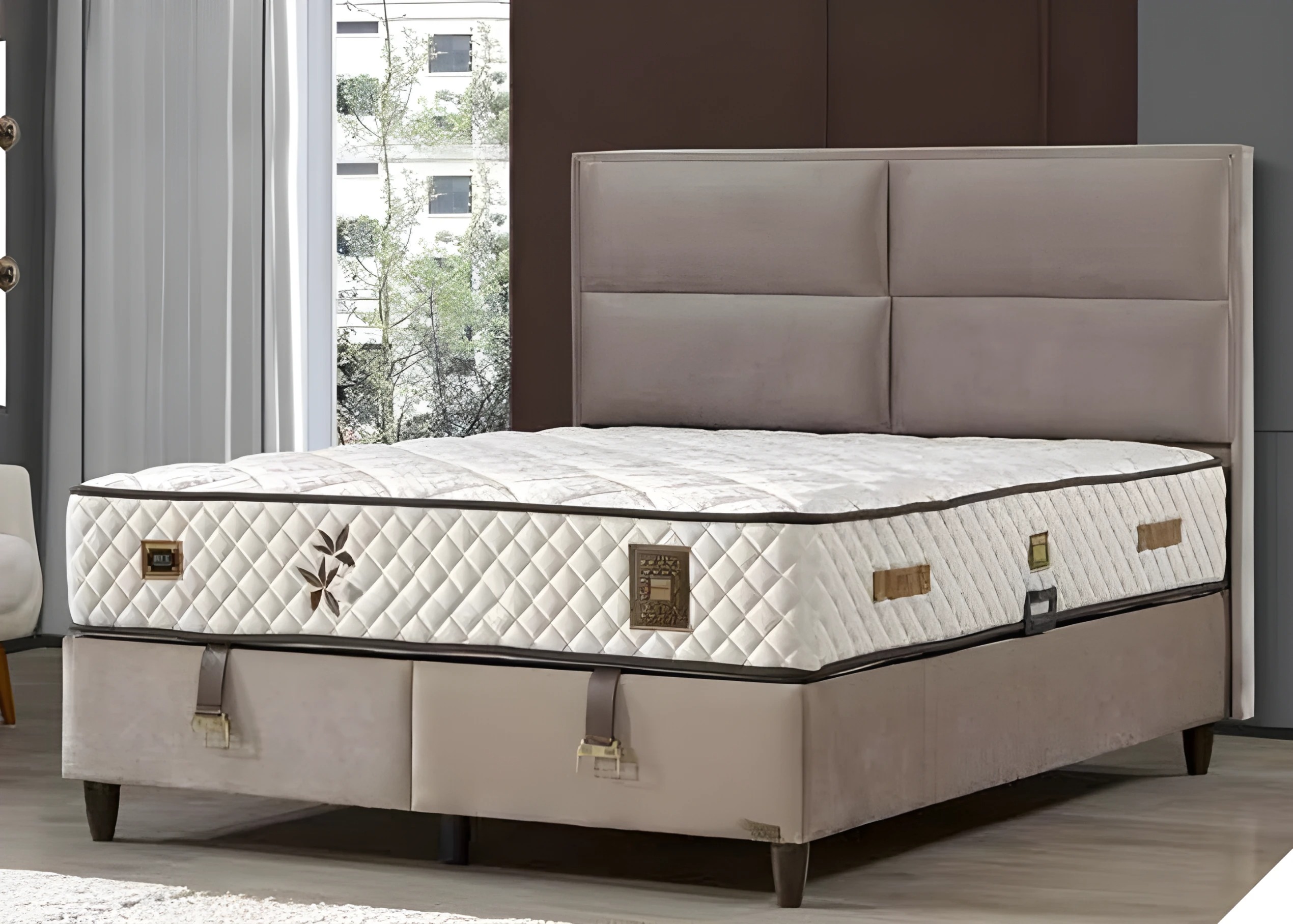 Gray Wood Textile Modern Bed with Mattress