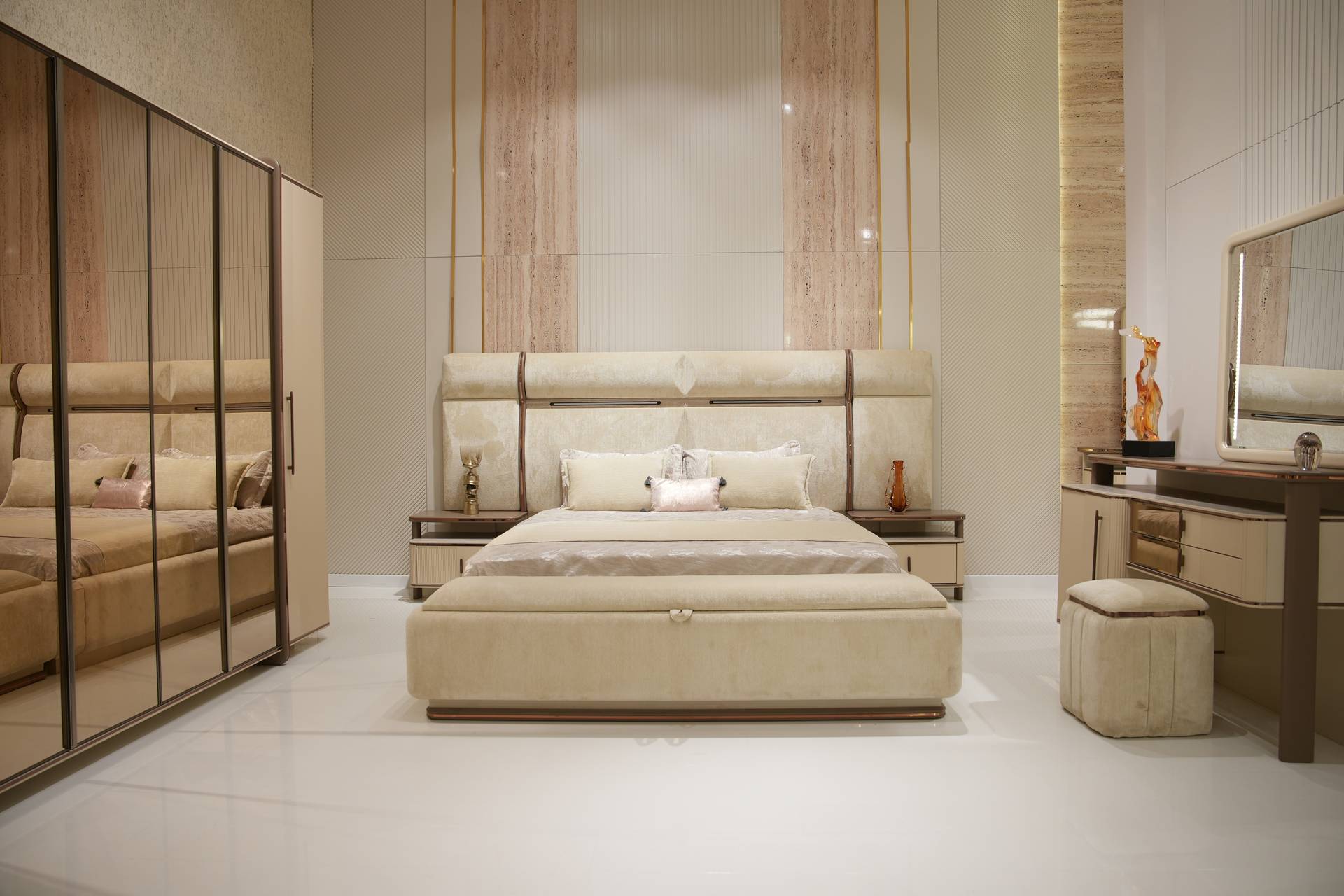 Elegant bedroom set in beige made of wood with a stylish design.