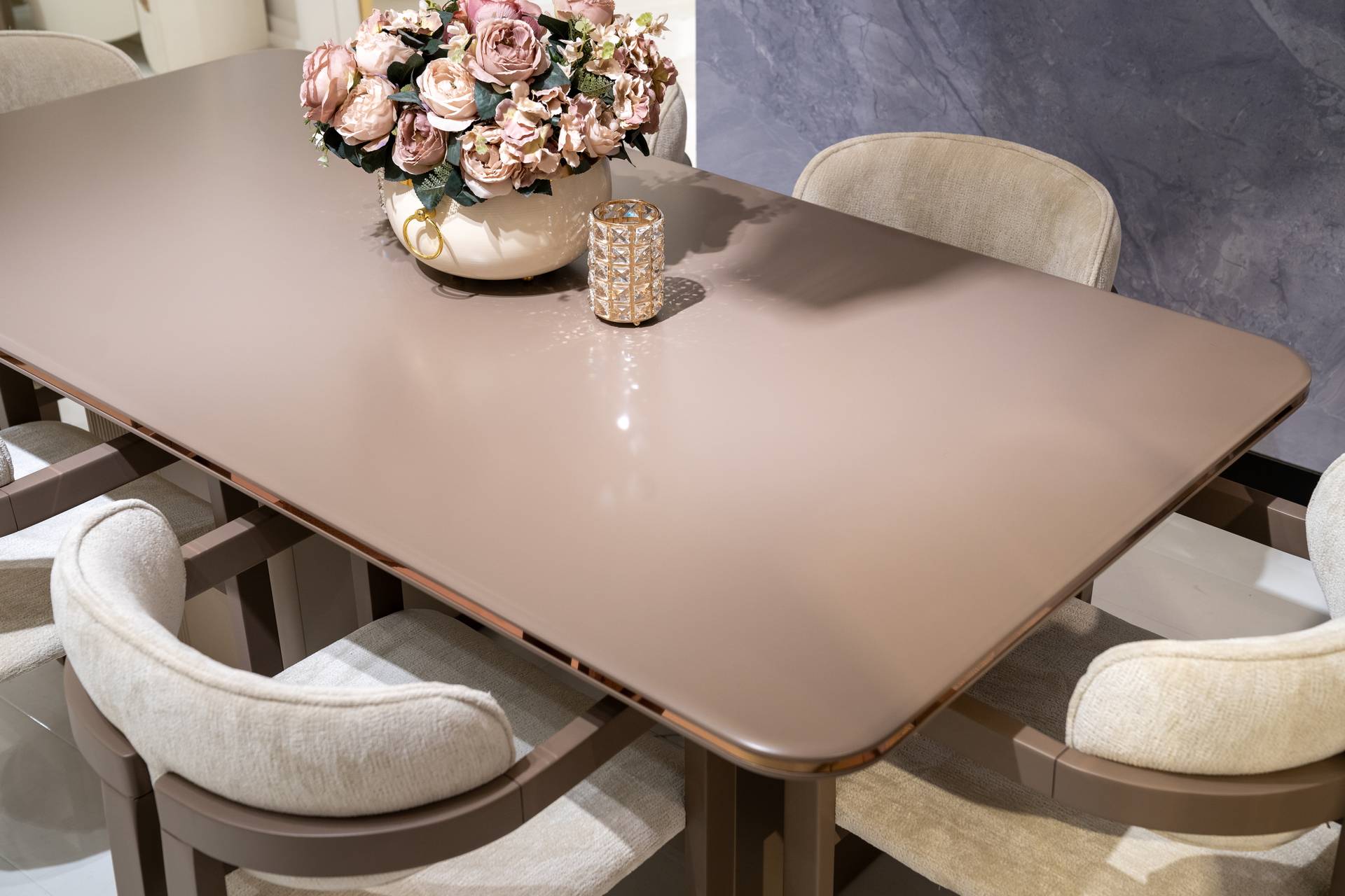 Dining room set made of wood in modern elegant beige with dining table.