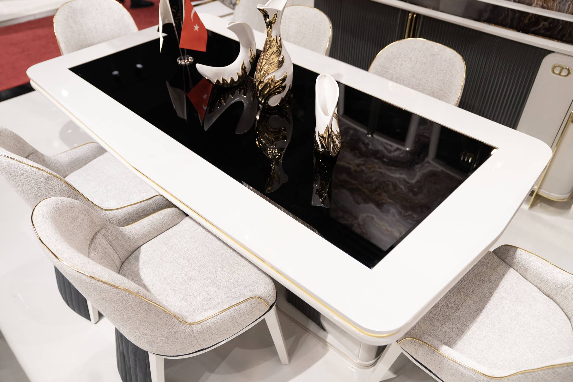 Elegant beige wooden dining table and chair set for modern interiors.