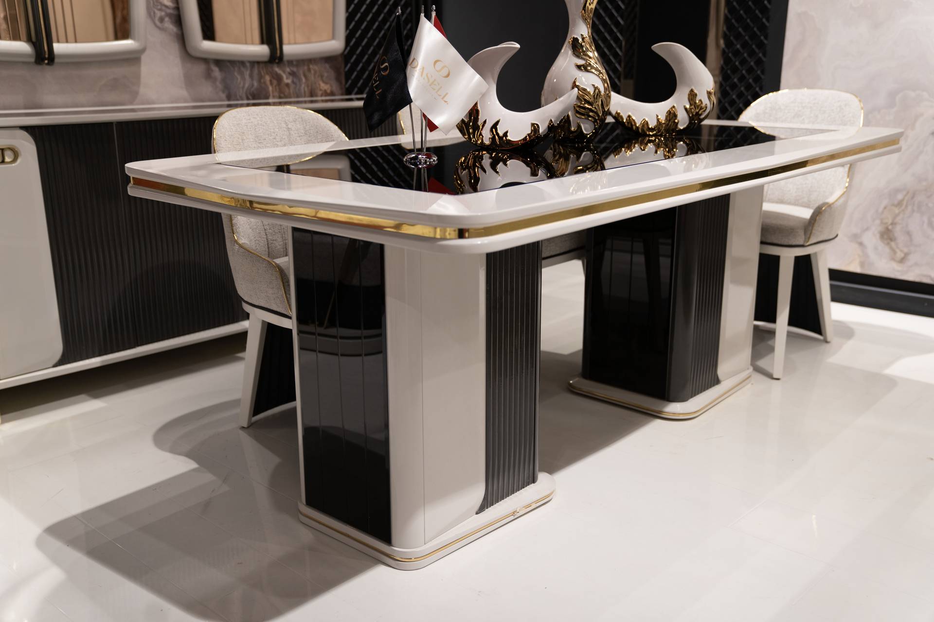 Elegant wooden dining table in beige for a stylish dining room.