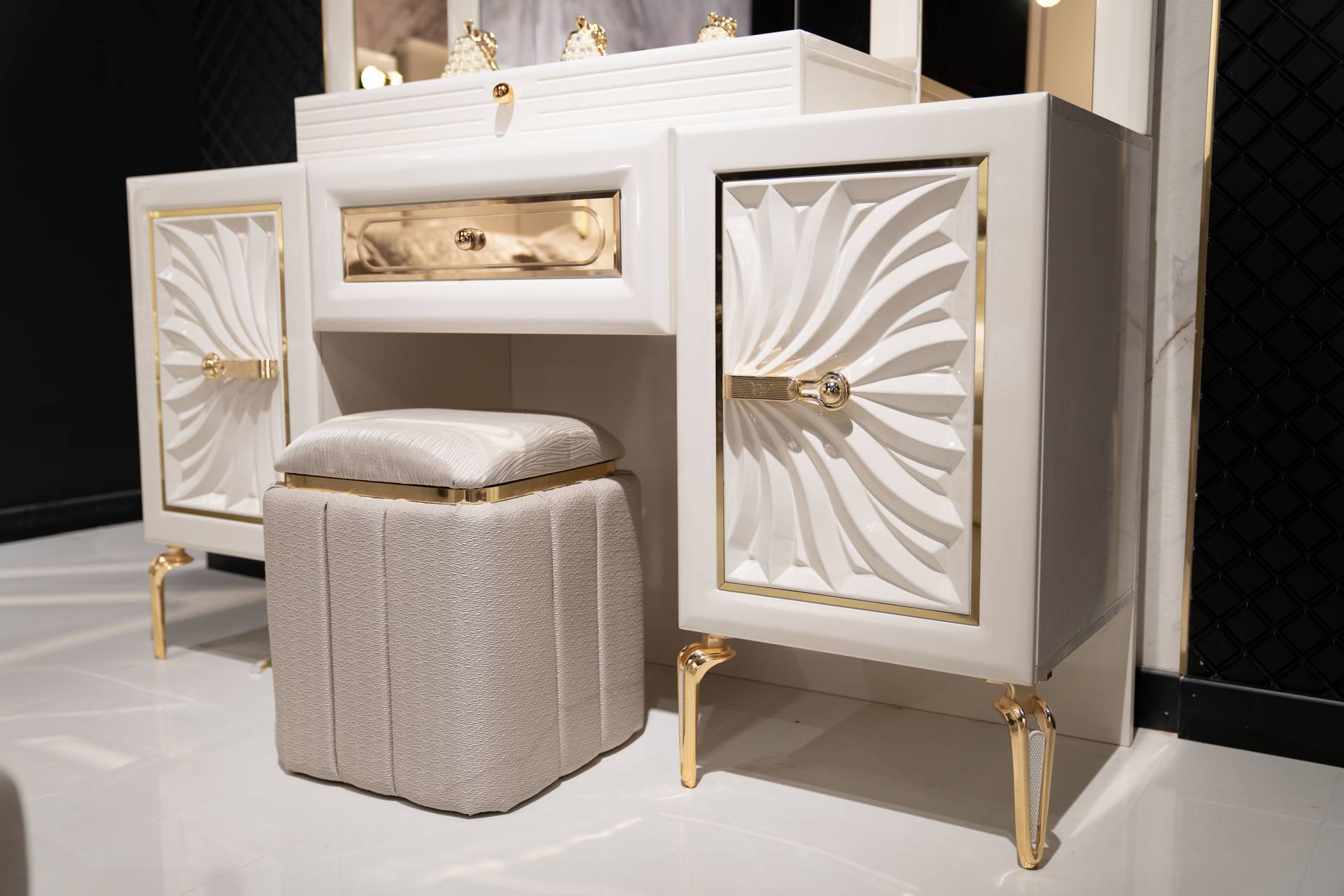 Beige wooden-textile pouf stool elegant seating and footrest