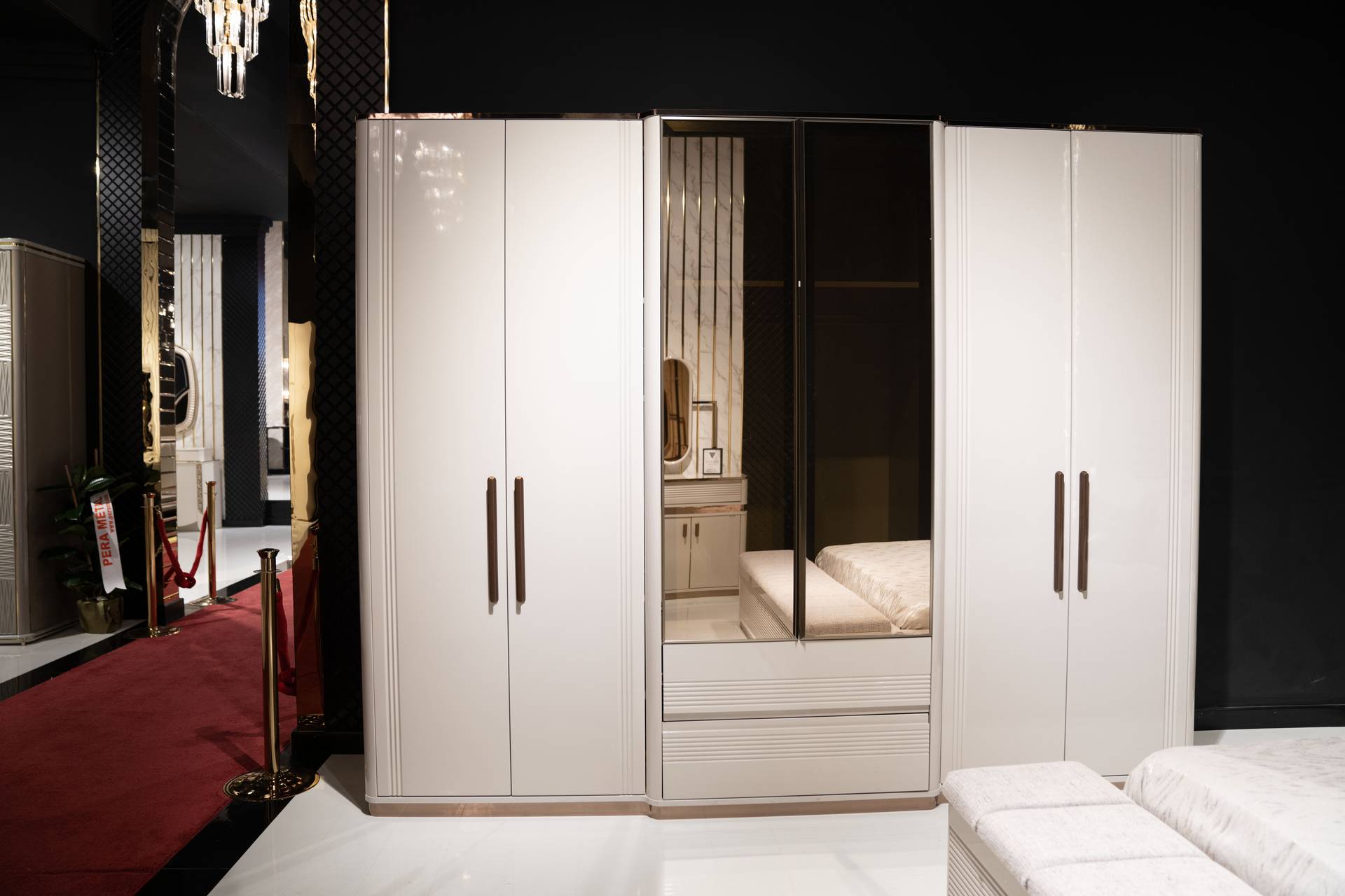 Beige wooden wardrobe, modern elegant storage space.