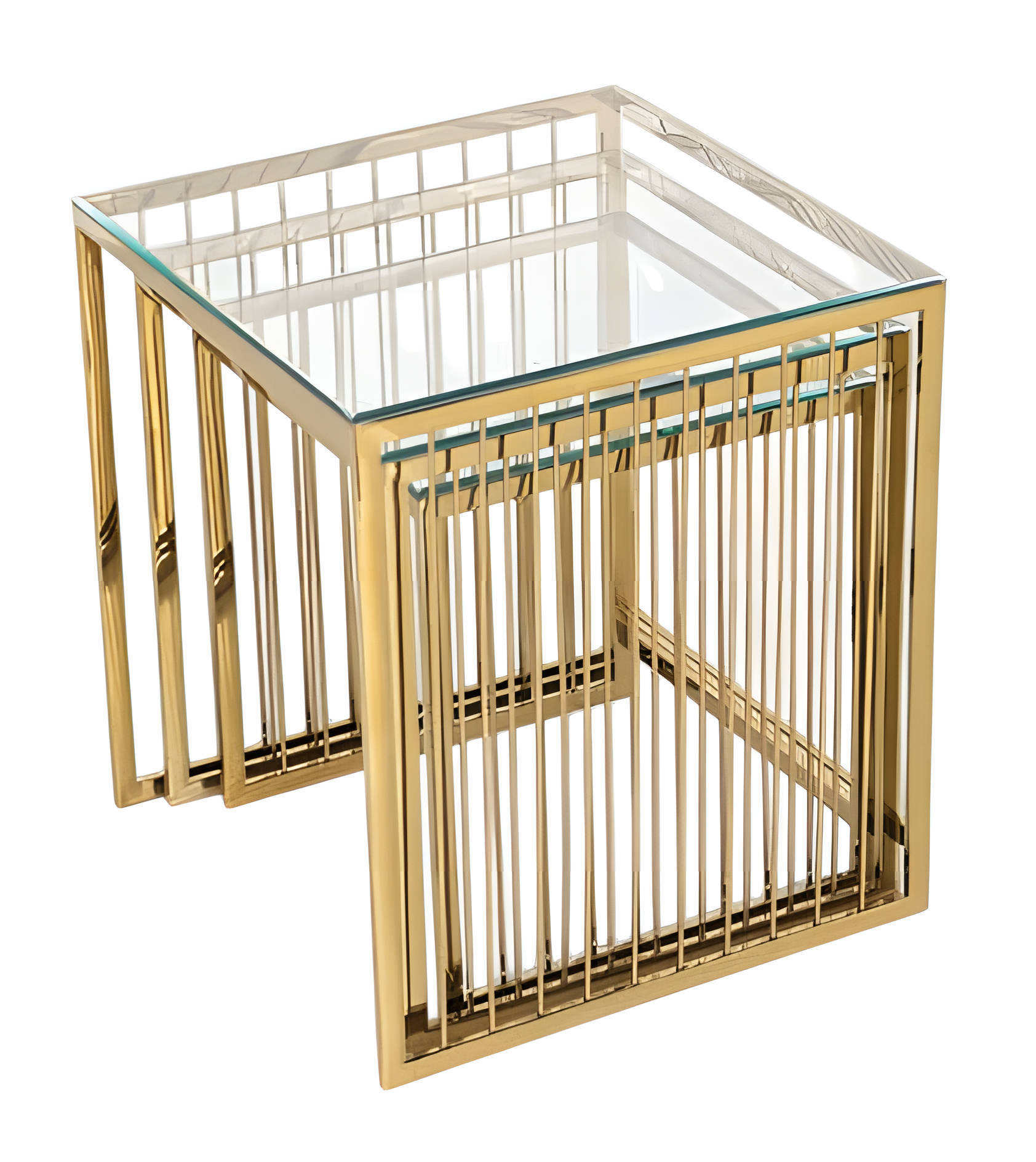Elegant side table made of stainless steel in gold with a transparent design.