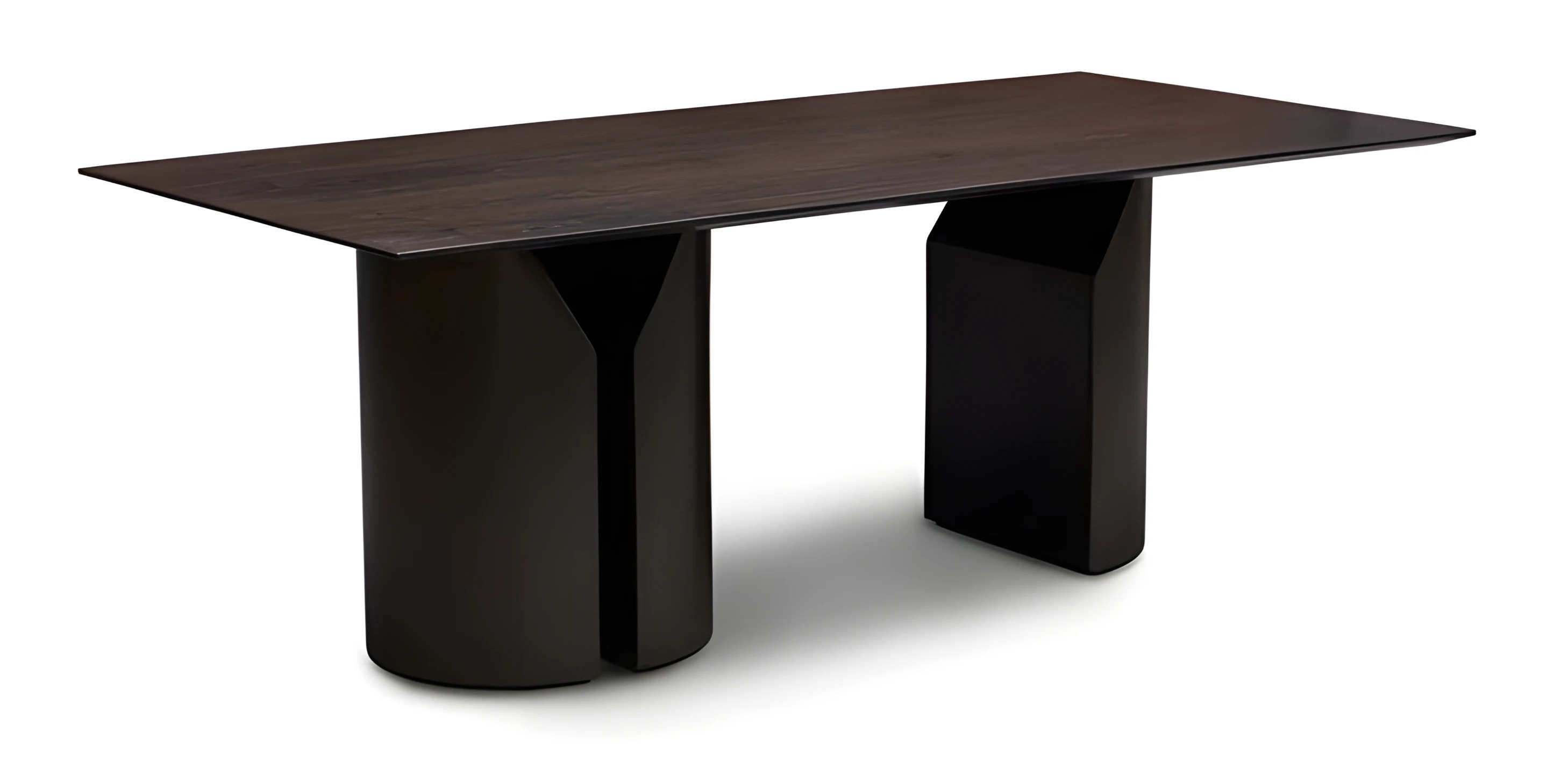 Modern dining table made of wood and metal in brown.