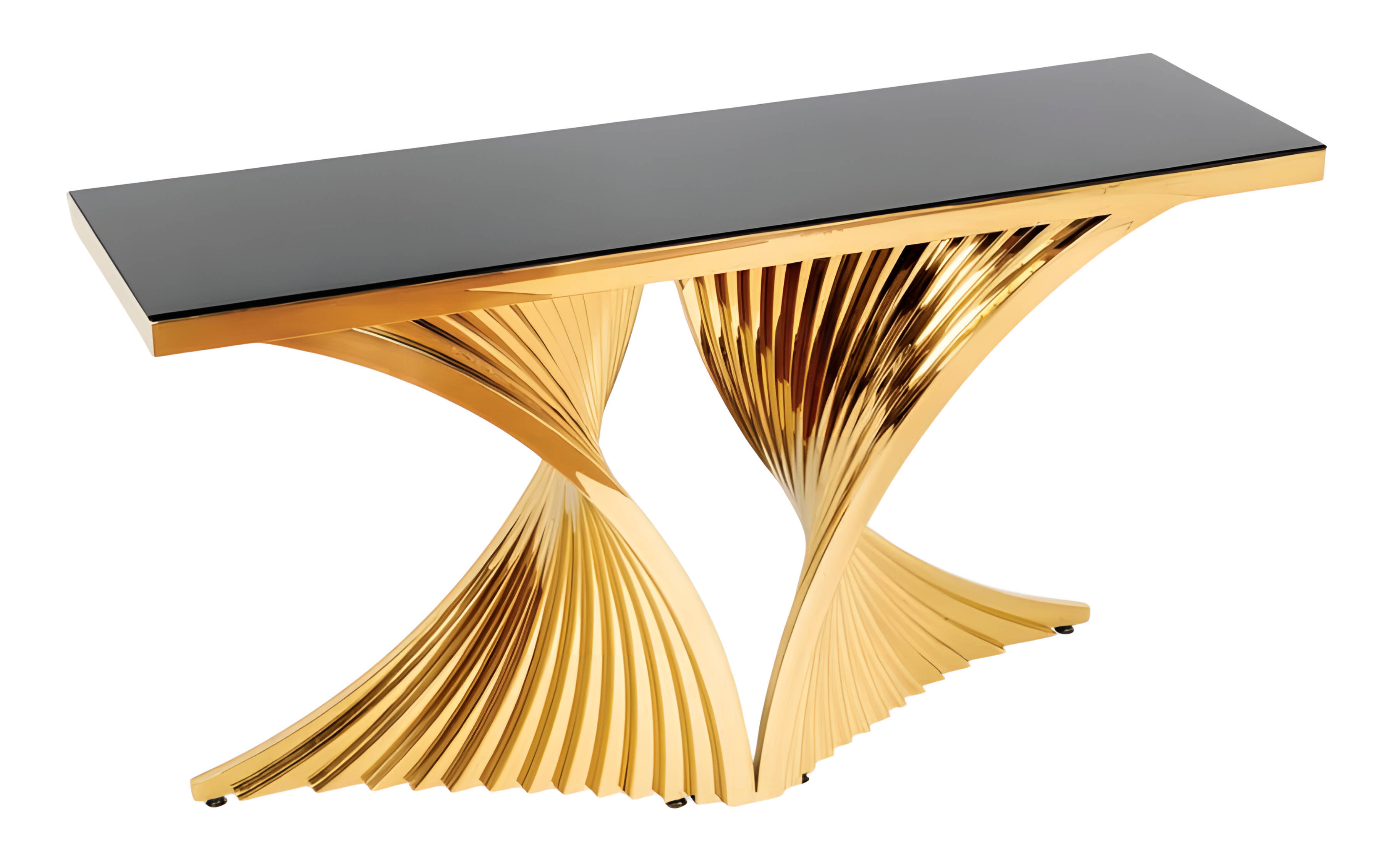 Wooden console table in gold with a modern elegant design.