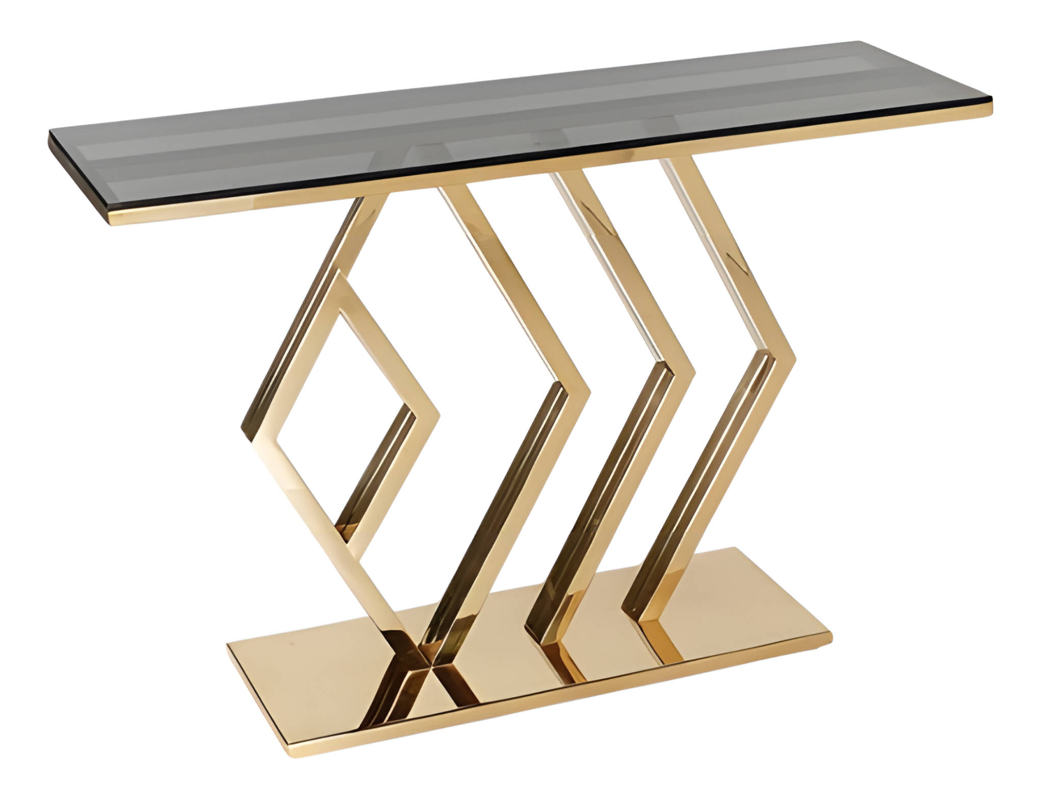 Elegant golden console table made of metal for modern settings.