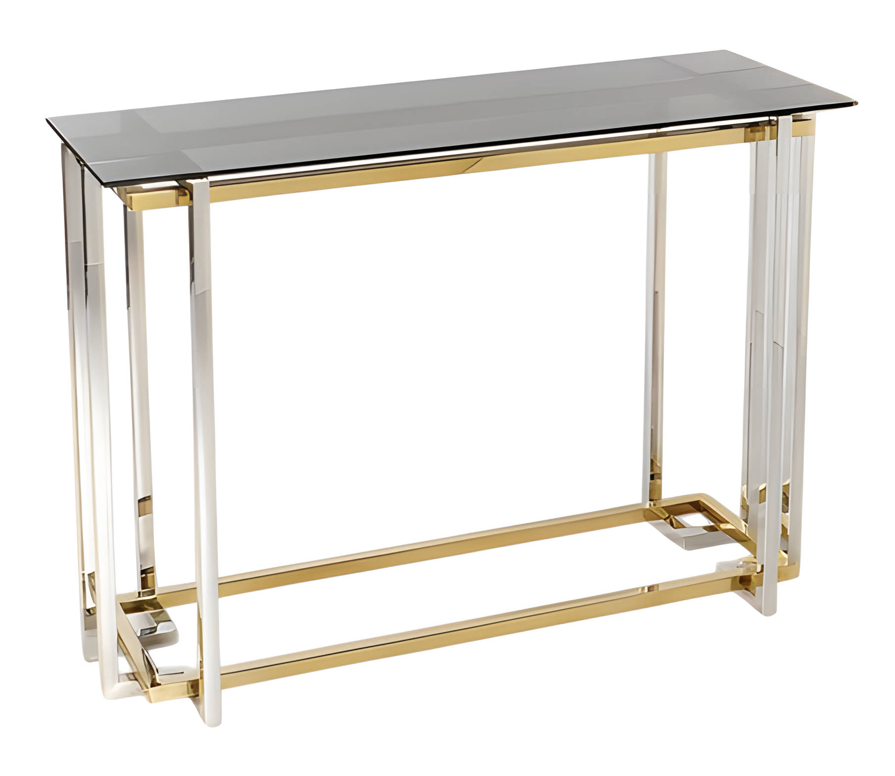 Elegant golden console table made of metal and glass.