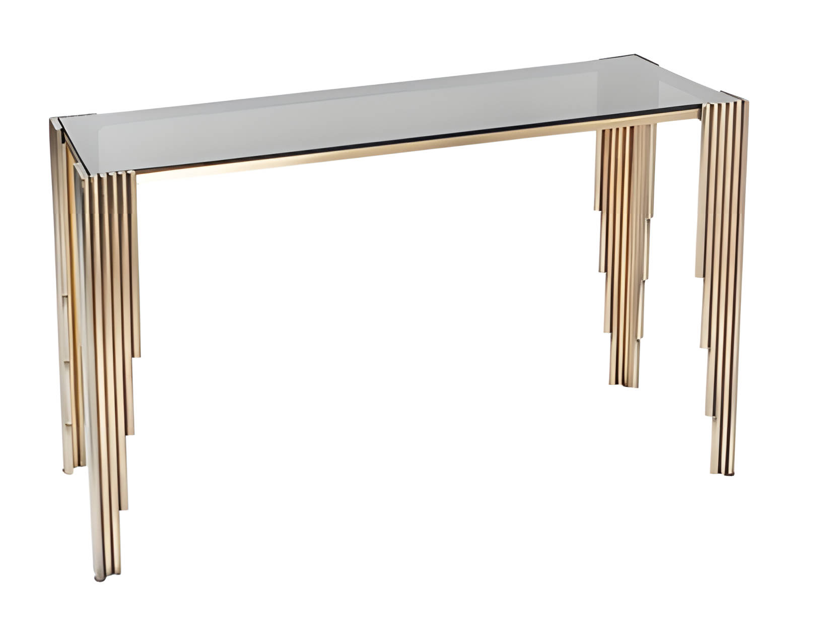Golden console table made of metal and glass in an elegant design.